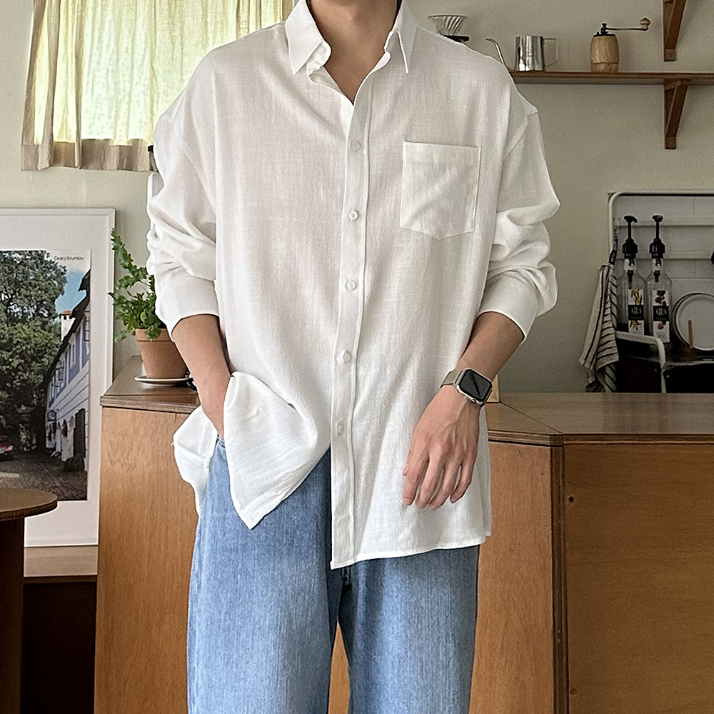 남자 린넨 셔츠 쿨 흰색 여름 마 남방 난방 오버핏 남성 셔츠 - 상세 이미지 2