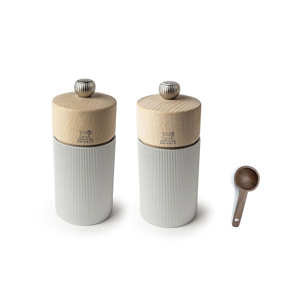 푸조 라인 매뉴얼 소금 & 후추 밀 선물 세트, 알루, 12cm - 4.75인치 천연 목재 나무 향신료 스쿱 포함 - 상품 이미지