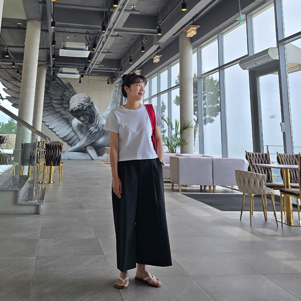 155CM 8부 치마바지 와이드 블랙 뒷밴딩 키작녀 팬츠 - 상세 이미지 3