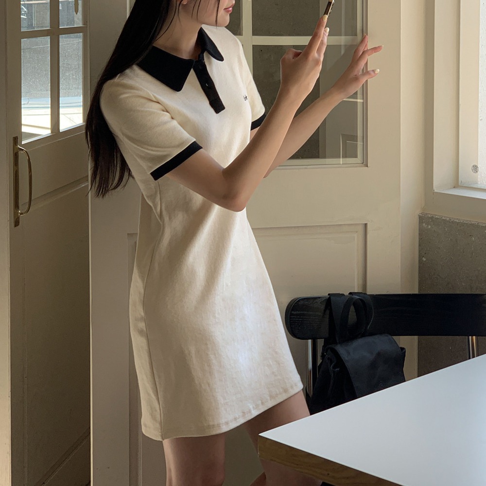 카라 배색 코튼 피케 반팔 미니 원피스 - 상품 이미지
