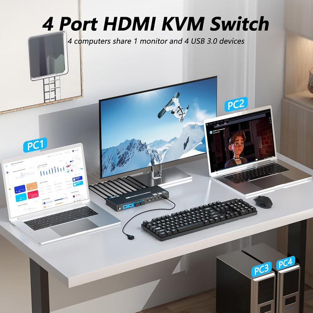 4K HDMI KVM 스위치 4 컴퓨터 1 모니터, ANXQQ 포트 EDID 기능 키보드 마우스 프린터와 함께 사용할 수 있는 USB 3.0 4개 공유, 유선 리모컨, 전원 어댑터 - 상세 이미지 2