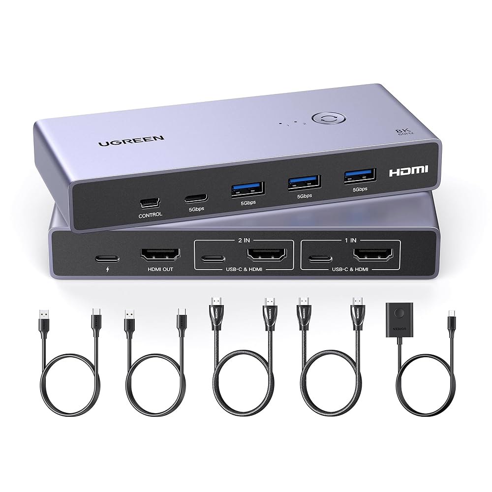 UGREEN 8K@60Hz HDMI KVM 스위치, USB 3.0 포트 4개(USB-A 3개 + USB-C 1개), 컴퓨터 2대용 모니터 키보드 마우스 하드 드라이브 프린터 1대, - 상품 이미지