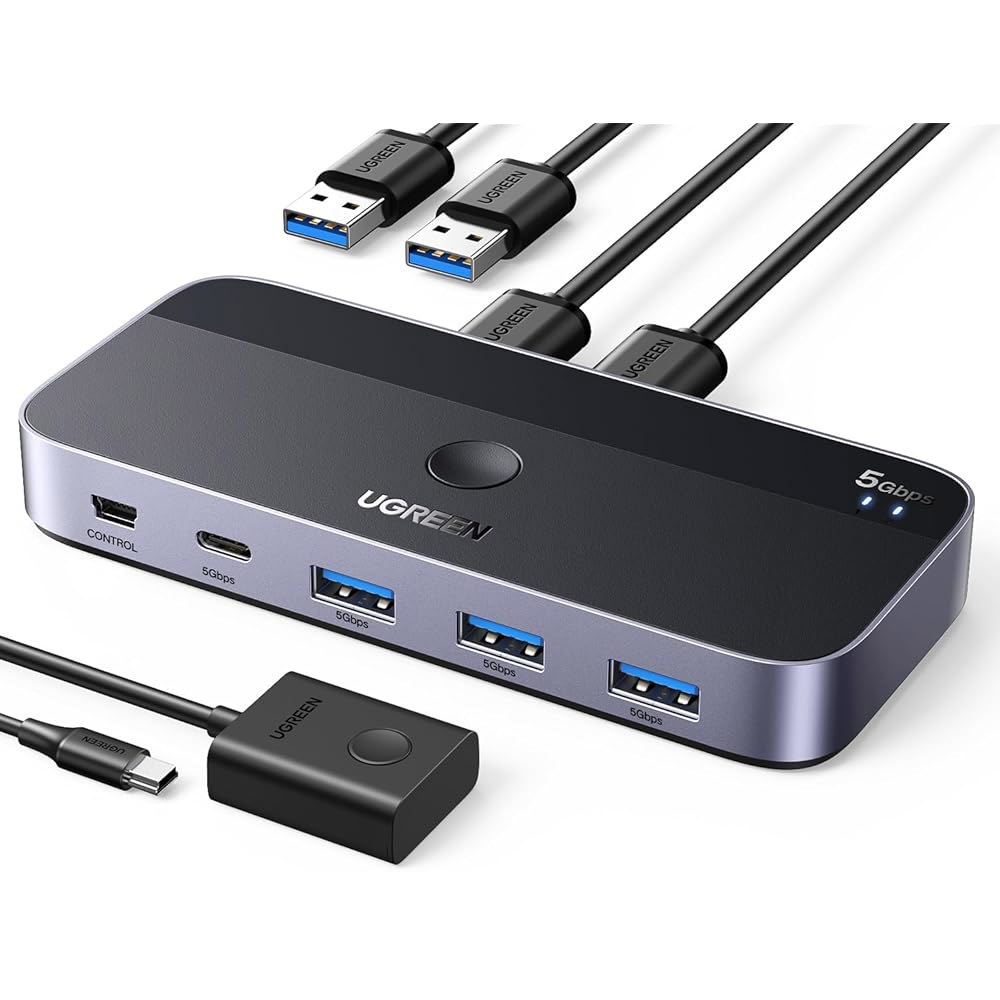 UGREEN USB 3.0 스위치 컴퓨터 2대, C & A 장치 공유, 키보드 및 마우스 공유 4포트 스위처, 케이블 2개와 컨트롤러 2대용 프린터/스캐너 허브 Black - 상품 이미지