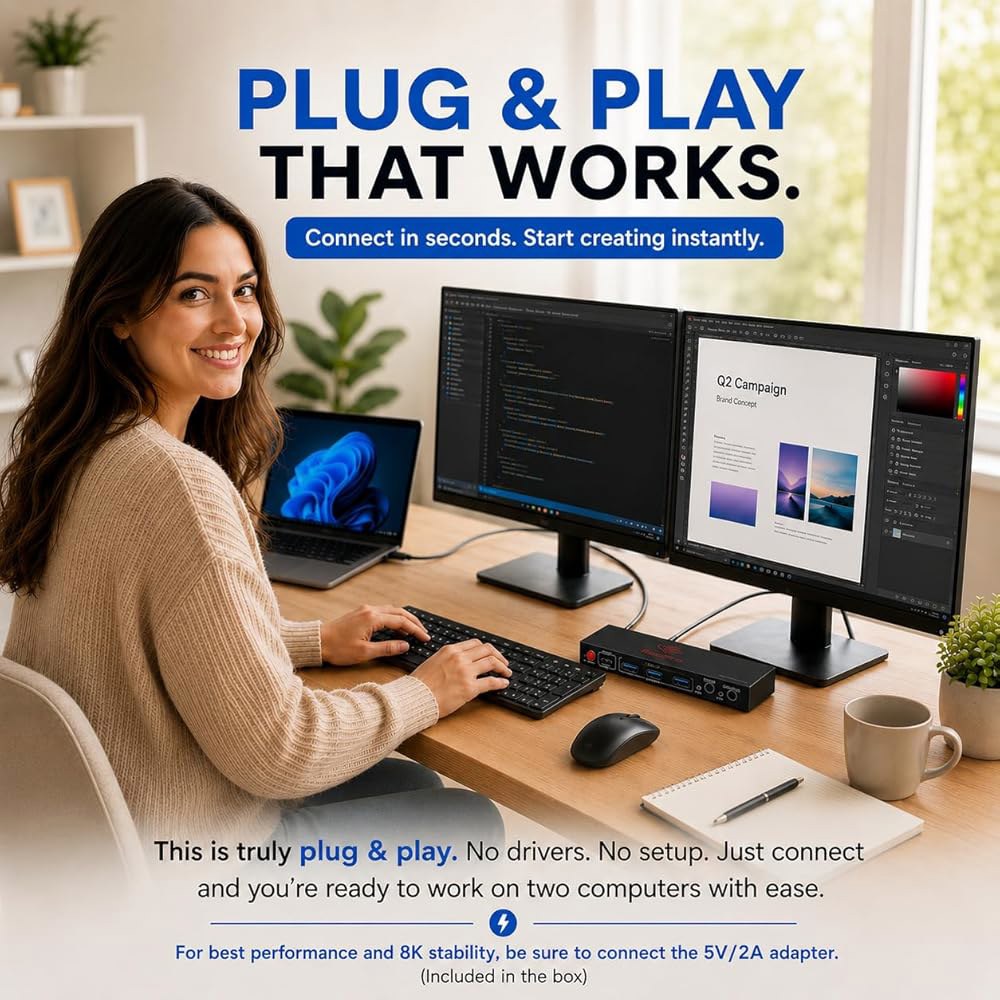 루비프로 HDMI KVM 스위치 2 모니터 컴퓨터 u2013 8K@60Hz, 4K@120Hz, 4포트 USB 3.0 허브(5Gbps), 유선 리모컨, 플러그 앤 플레이(Window - 상세 이미지 2