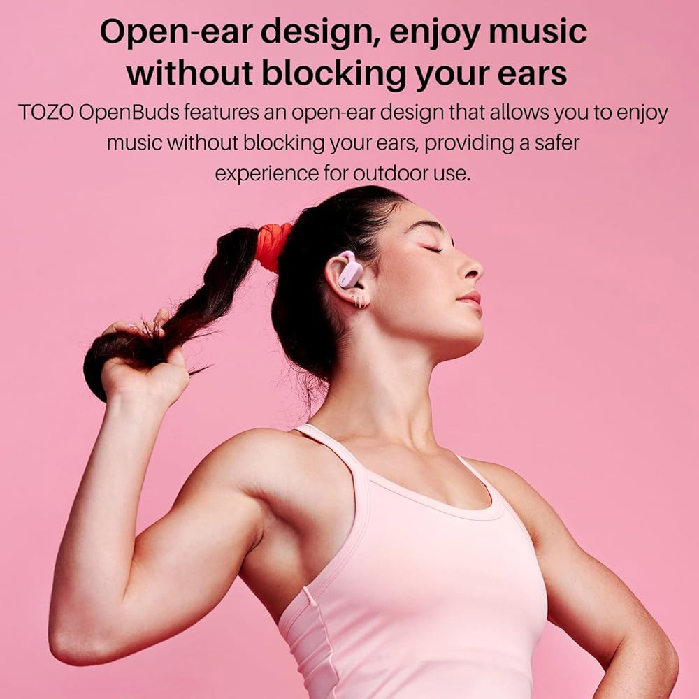 TOZO O2 트루 오픈 이어 무선 헤드폰 경량, 멀티 앵글 조정 기능, 듀얼 축 디자인의 블루투스 5.3 이어버드로 오래 지속되는 편안함, 선명한 주행 소리, 핑크 - 상세 이미지 3