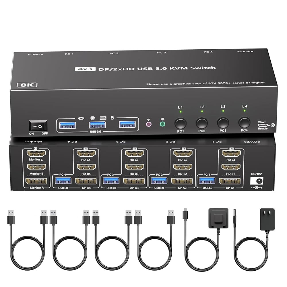 KVM 스위치 3는 오디오, HDMI + DisplayPort 8K@30Hz /4k@144Hz DP 스위처를 갖춘 4대의 컴퓨터를 모니터링합니다. USB 3.0 스위치는 PC Sh - 상품 이미지