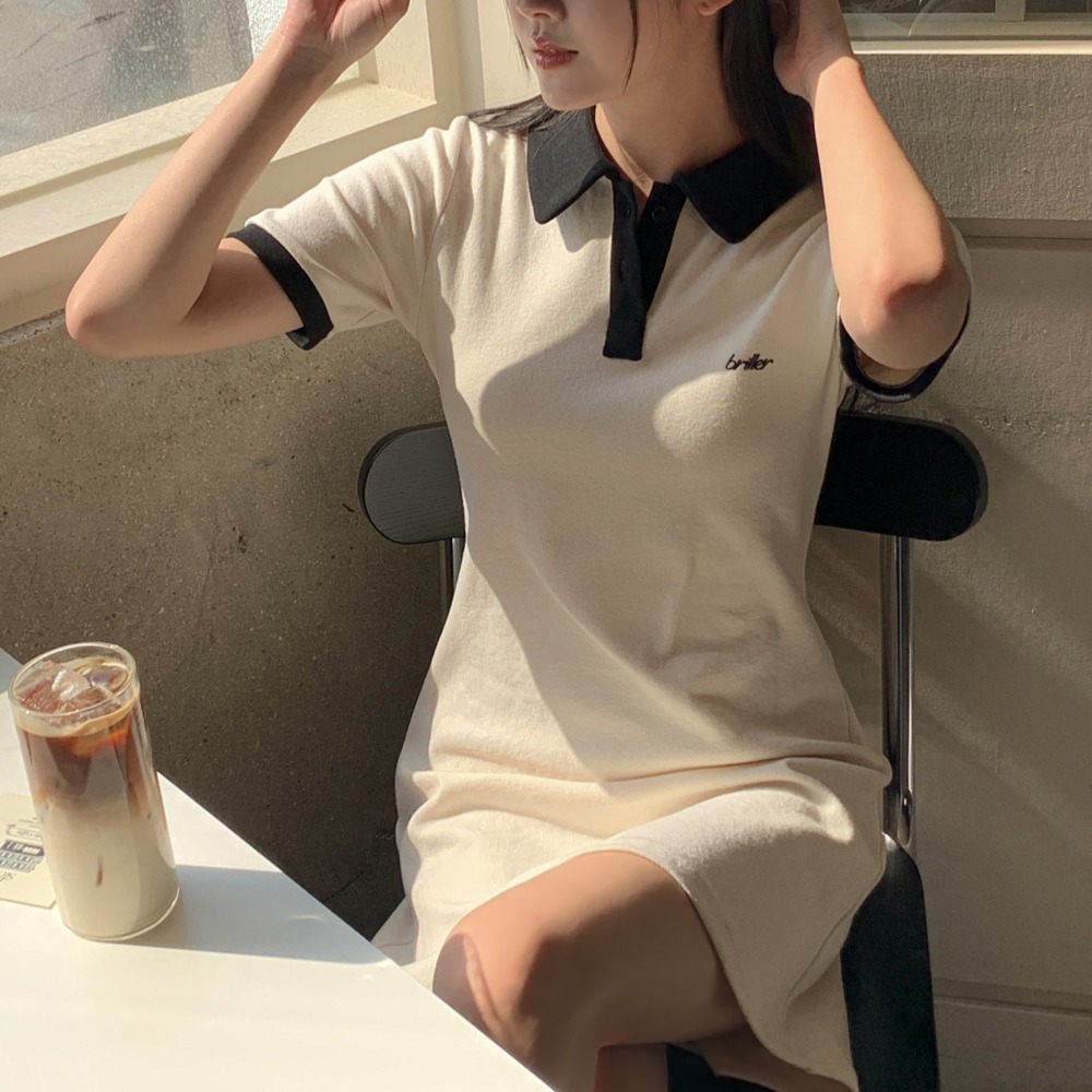 카라 배색 코튼 피케 반팔 미니 원피스 - 상세 이미지 3