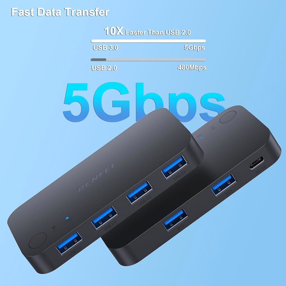 BENFEI USB 3.0 스위치, 스위치 2 컴퓨터, PC, 마우스, 키보드, 프린터, 스캐너, Windows, Mac, Linux와 호환되는 KVM 선택기 4대 공유 - 상세 이미지 3