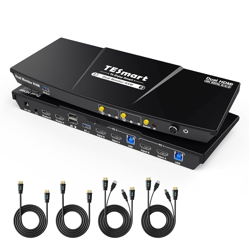 TESmart USB 3.0 HDMI KVM 스위치 2 모니터 컴퓨터 4K@60Hz, 듀얼 포트 확장 디스플레이, 오디오 및 마이크, EDID 에뮬레이터, 입력 케이블이 있는 버튼 - 상품 이미지
