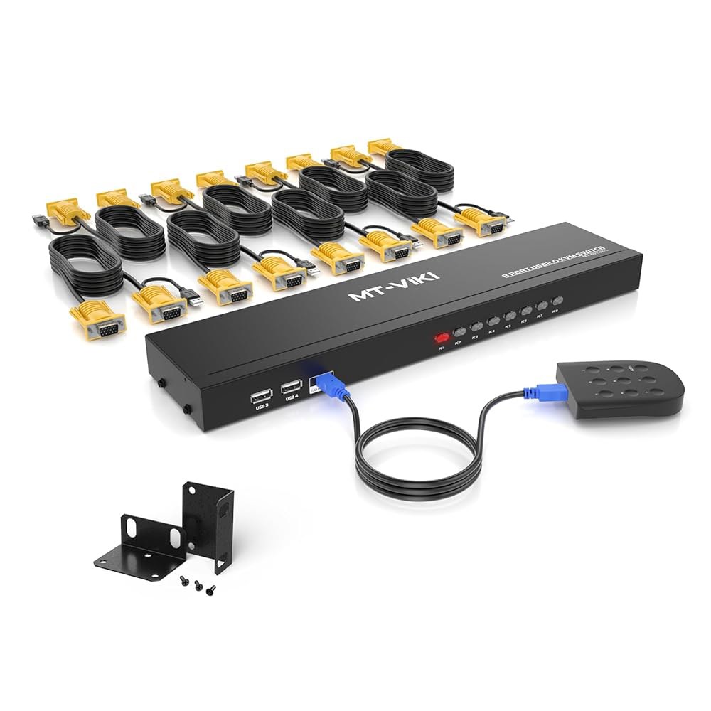 MT-VIKI KVM 스위치 8포트, 8X1 랙마운트 VGA, 8개의 2-in-1 케이블 및 와이어-데스크탑 셀렉터 전원 어댑터 포함, 1U 19인치 랙 장착 가능 - 상품 이미지