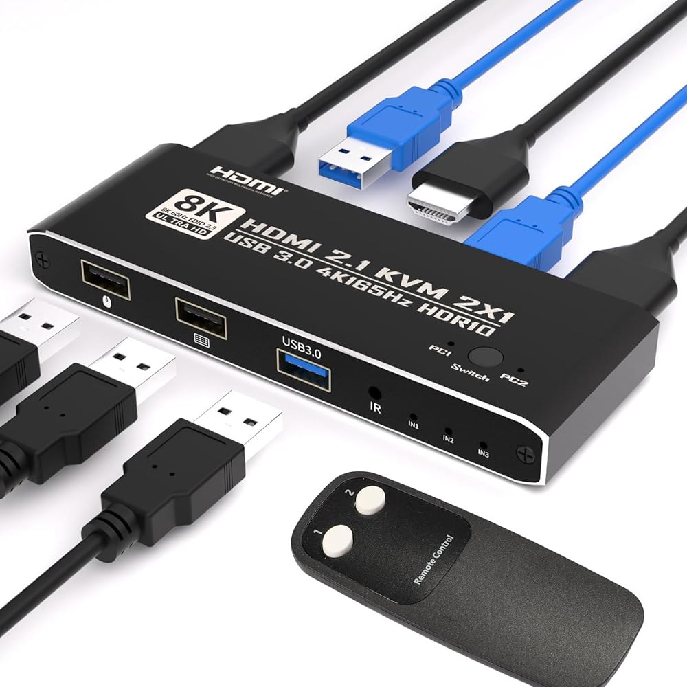 KVM 스위치 HDMI 2 in 1 모니터 컴퓨터, 8K@60Hz 4K@165Hz USB 3.0 허브(IR 리모컨 포함), 알루미늄 합금, HDR10 HDCP 2.2 - 상품 이미지