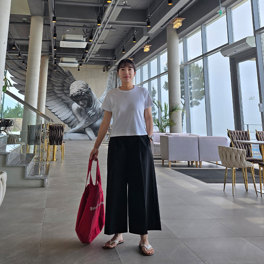155CM 8부 치마바지 와이드 블랙 뒷밴딩 키작녀 팬츠 - 상세 이미지 4