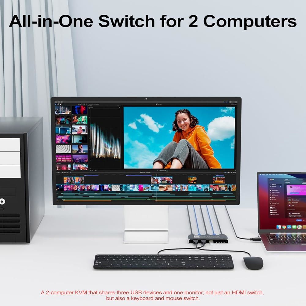 KVM 스위치 HDMI 2 in 1 모니터 컴퓨터, 8K@60Hz 4K@165Hz USB 3.0 허브(IR 리모컨 포함), 알루미늄 합금, HDR10 HDCP 2.2 - 상세 이미지 3