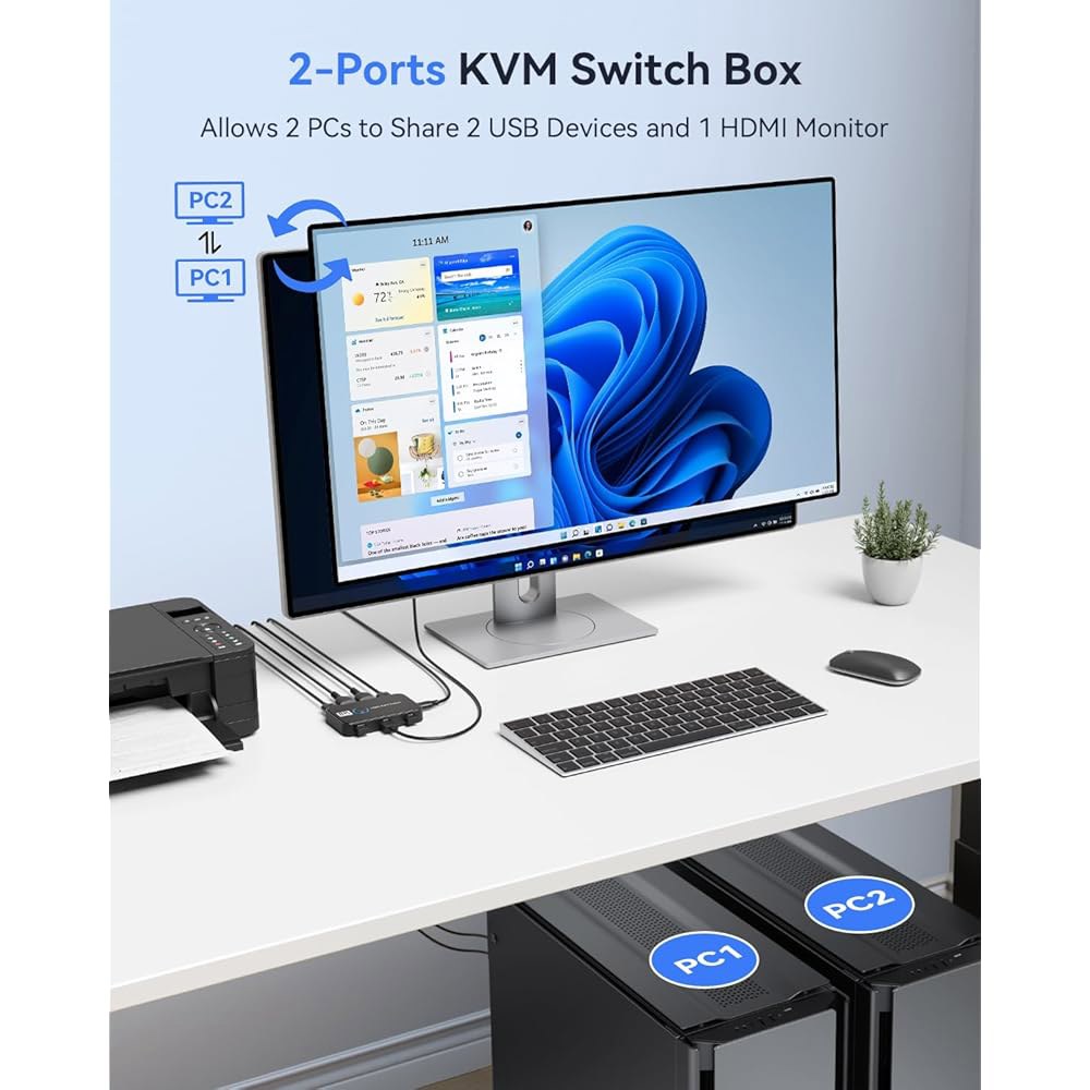 KVM 스위치 1, 컴퓨터 2대용 비 키 USB 모니터 2대, 키보드 마우스 프린터 공유, 케이블 2개와 HDMI 2개(블랙)로 UHD 8K@60Hz 지원 Black - 상세 이미지 3