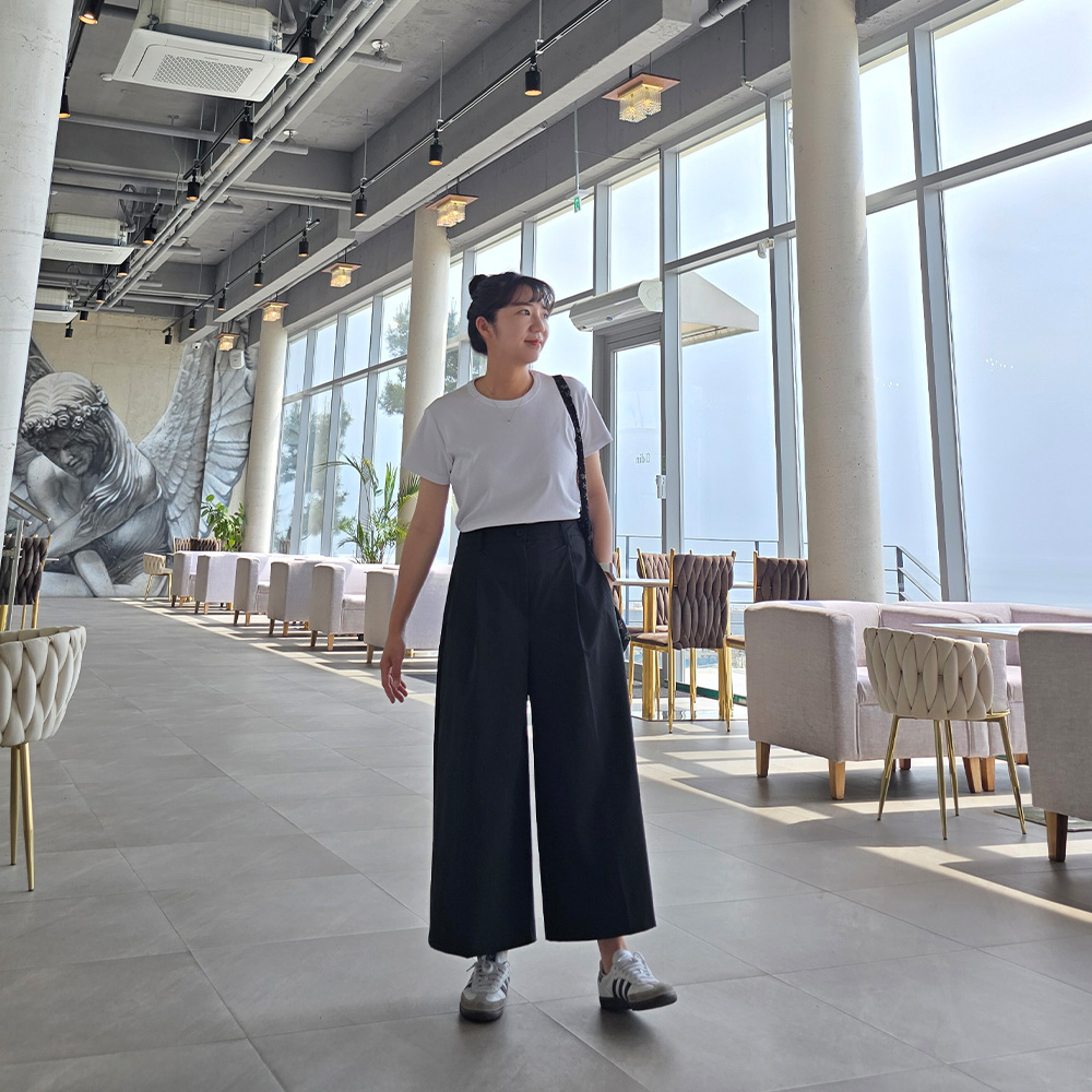 155CM 8부 치마바지 와이드 블랙 뒷밴딩 키작녀 팬츠 이미지 8