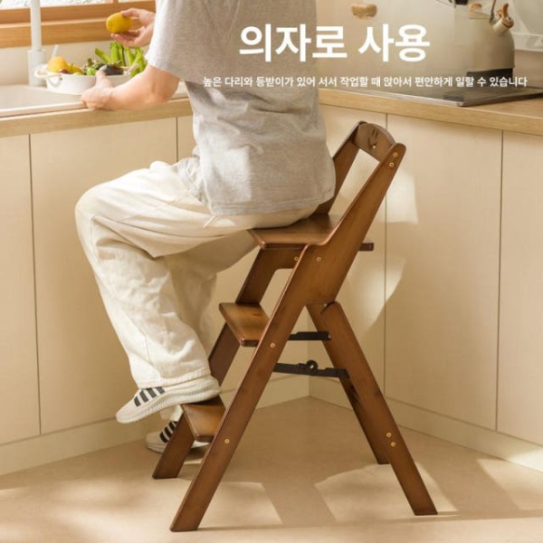 튼튼한 다용도 욕실 원목 스텝스툴 사다리겸용의자 계단 스텝선반 3단 접이식 사다리 의자 블랙 - 상세 이미지 4