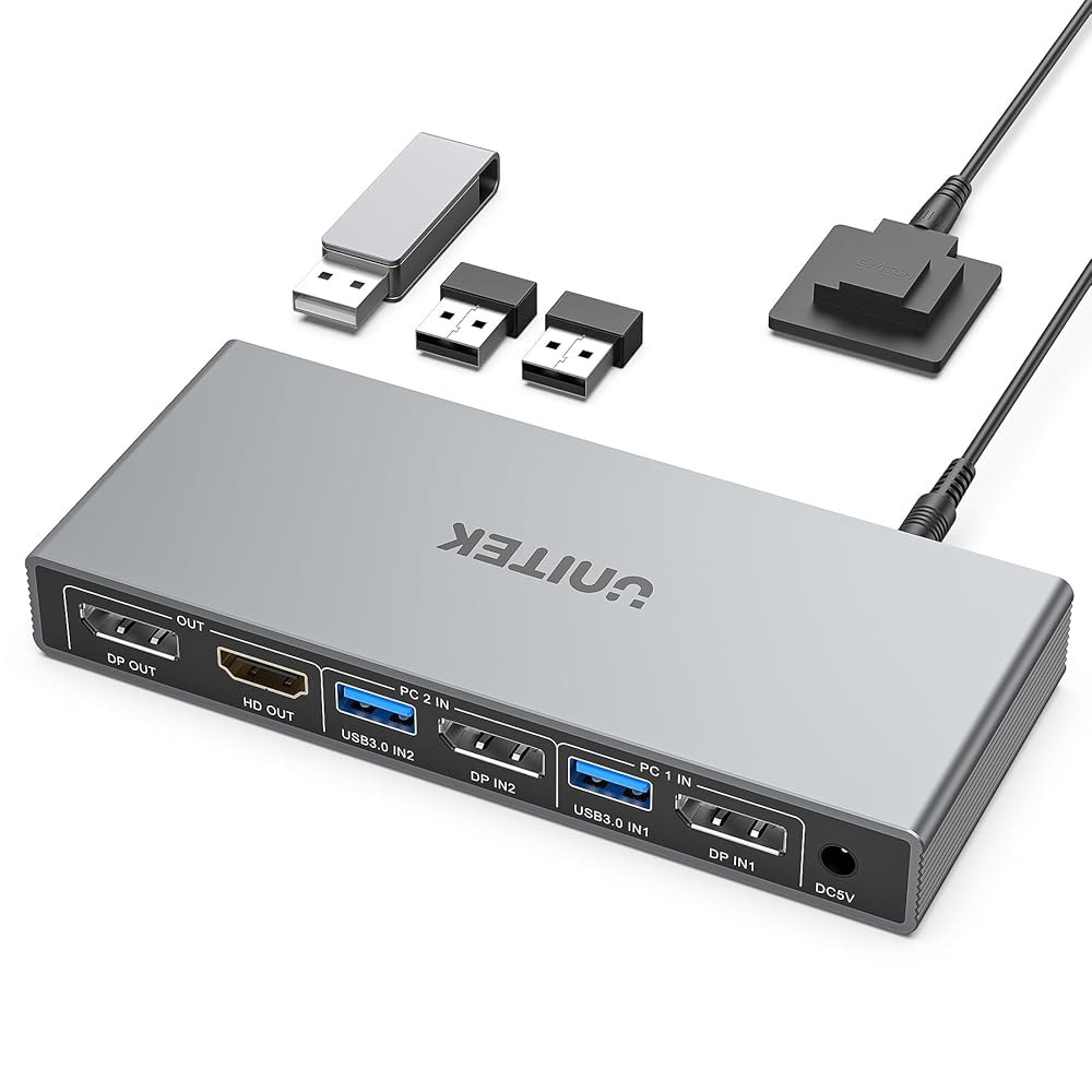 유니텍 KVM 스위치 2 모니터 컴퓨터 디스플레이포트 2, 듀얼 4K 60Hz, 키보드 마우스 하드 드라이브 프린터용 USB 3.0 포트 4개, 홈 오피스 게이밍, 그레이 Grey - 상품 이미지