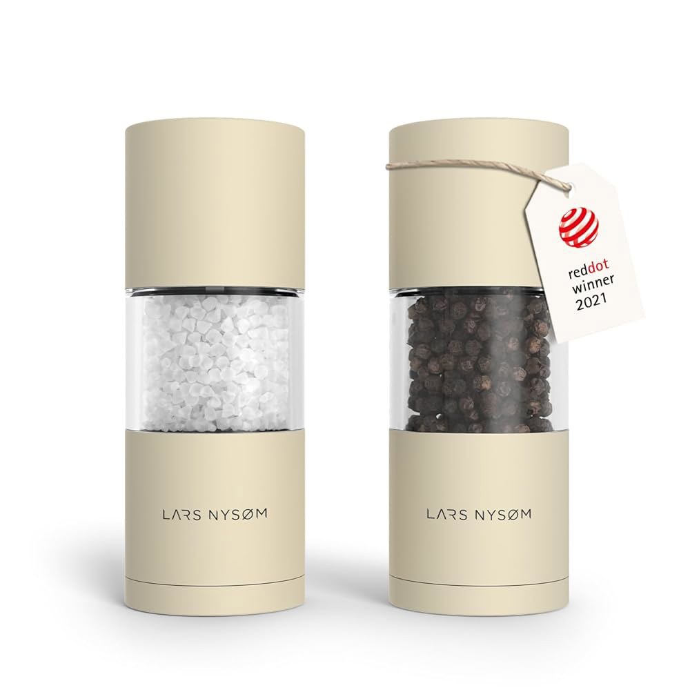 LARS NYS M 소금 및 후추 그라인더 세트, 조절 가능한 세라믹 그라인더가 있는 수동 밀, 디자인 스파이스 셰이커 세트(아몬드 베이지) - 상품 이미지