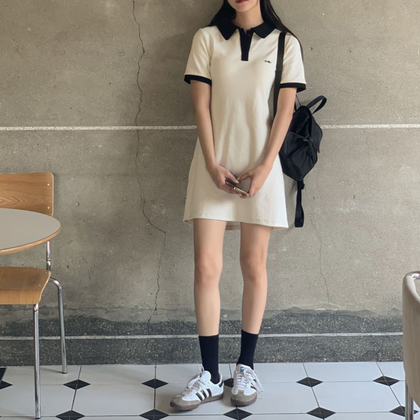 카라 배색 코튼 피케 반팔 미니 원피스 - 상세 이미지 2