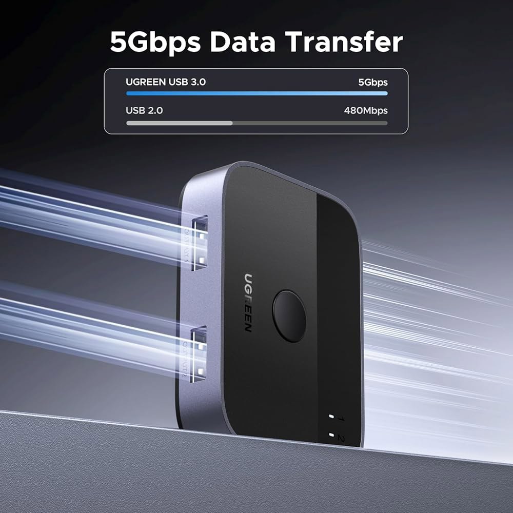 UGREEN USB 3.0 스위치 2 in Out, 키보드와 마우스 프린터 스캐너 웹캠을 공유하는 스위처 컴퓨터, 컴퓨터 2대용 스플리터, 케이블 2개가 있는 포트 셀렉터 2개 - 상세 이미지 3
