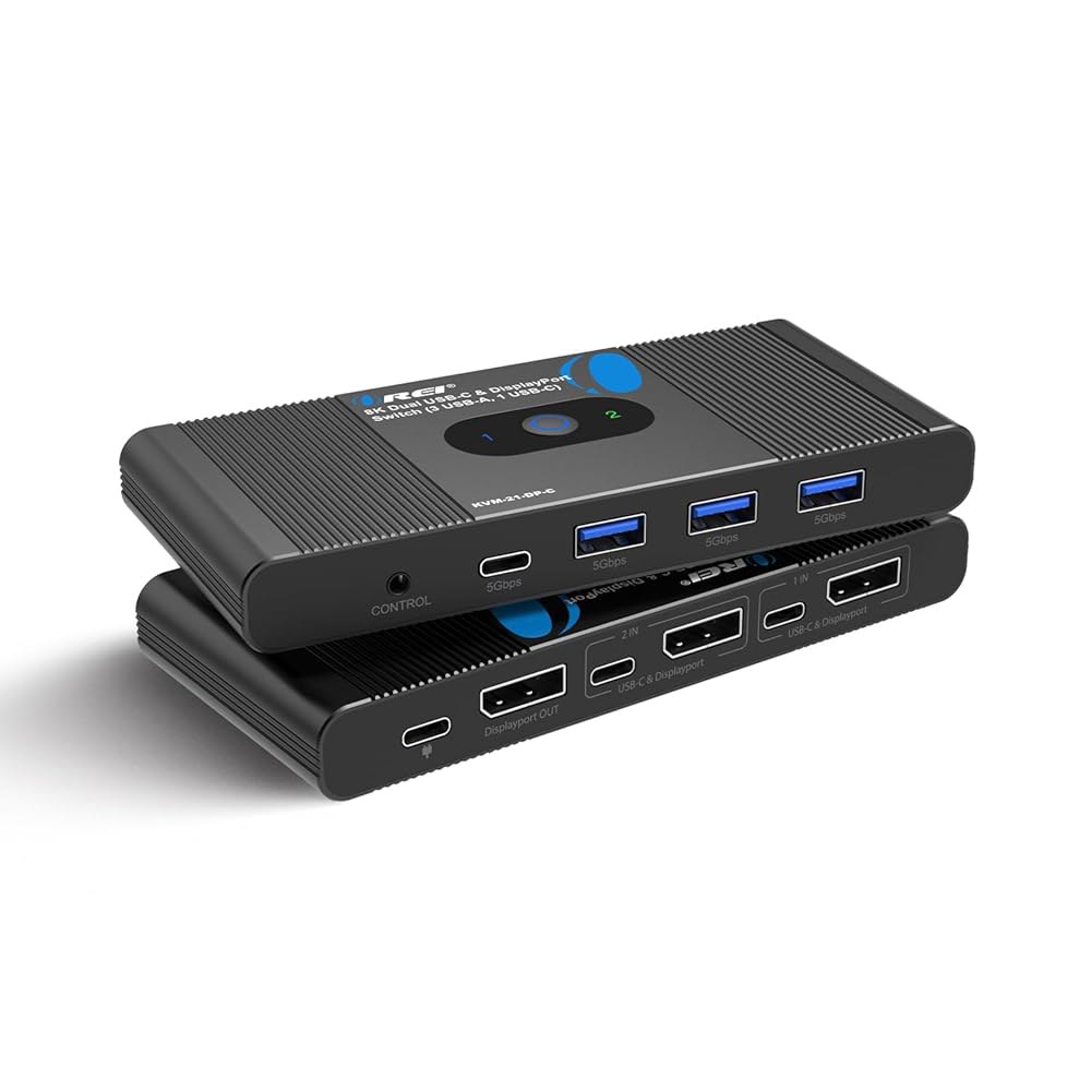 OREI 8K KVM 스위치 u2013 디스플레이포트 2 in 1 Out, 컴퓨터 2대용 USB-C, 1.4 KVM, 모니터, 4K 144Hz / 120Hz 및 USB 3.0 허브 - 상품 이미지