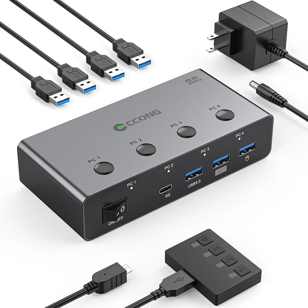 4대의 컴퓨터를 위한 5G USB3.0 KVM 스위치 HDMI 8K@60Hz 모니터 공유, 3개의 USB 3.0 + 1개의 USB-C 포트 공유 키보드 마우스, 지원 버튼 스위치, - 상품 이미지