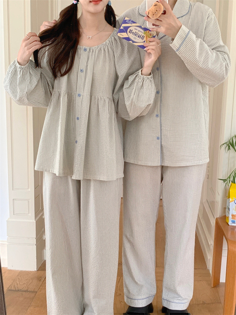 스트라이프 빅사이즈 긴팔 커플잠옷 긴바지 세트 선물 신혼 연인 자주입는 수유잠옷 - 상품 이미지