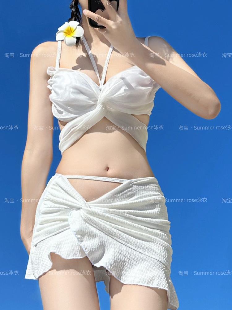 워터파크 스플릿 가늘게 여자 모여 달콤한 끈 휴가 체형커버 욕망 수영복 원피스 원피스수영복 흰 나비 M - 상세 이미지 5