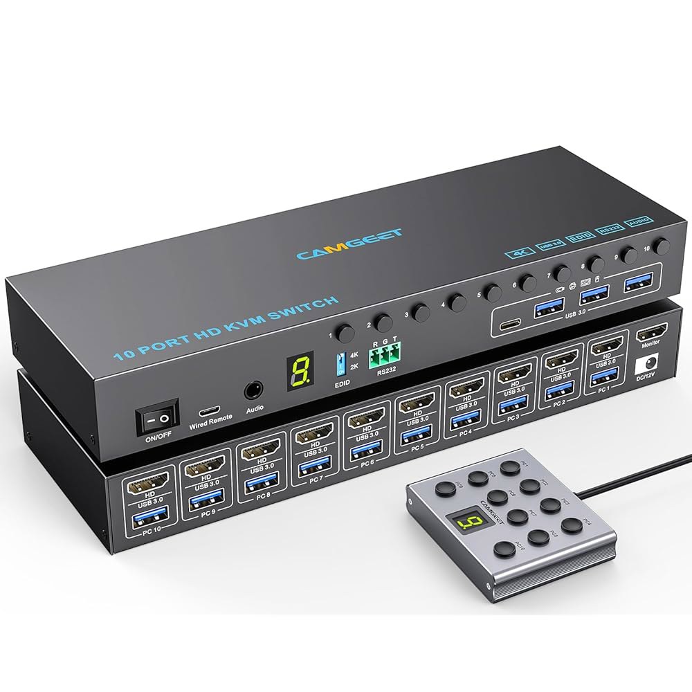 10 포트 8 HDMI KVM 스위치 4K@60Hz EDID 시뮬레이션, 대의 컴퓨터용 USB3.0 HDMI, 모니터 1대와 USB 장치 4대 공유, 오디오 RS232 유선 원격 - 상품 이미지