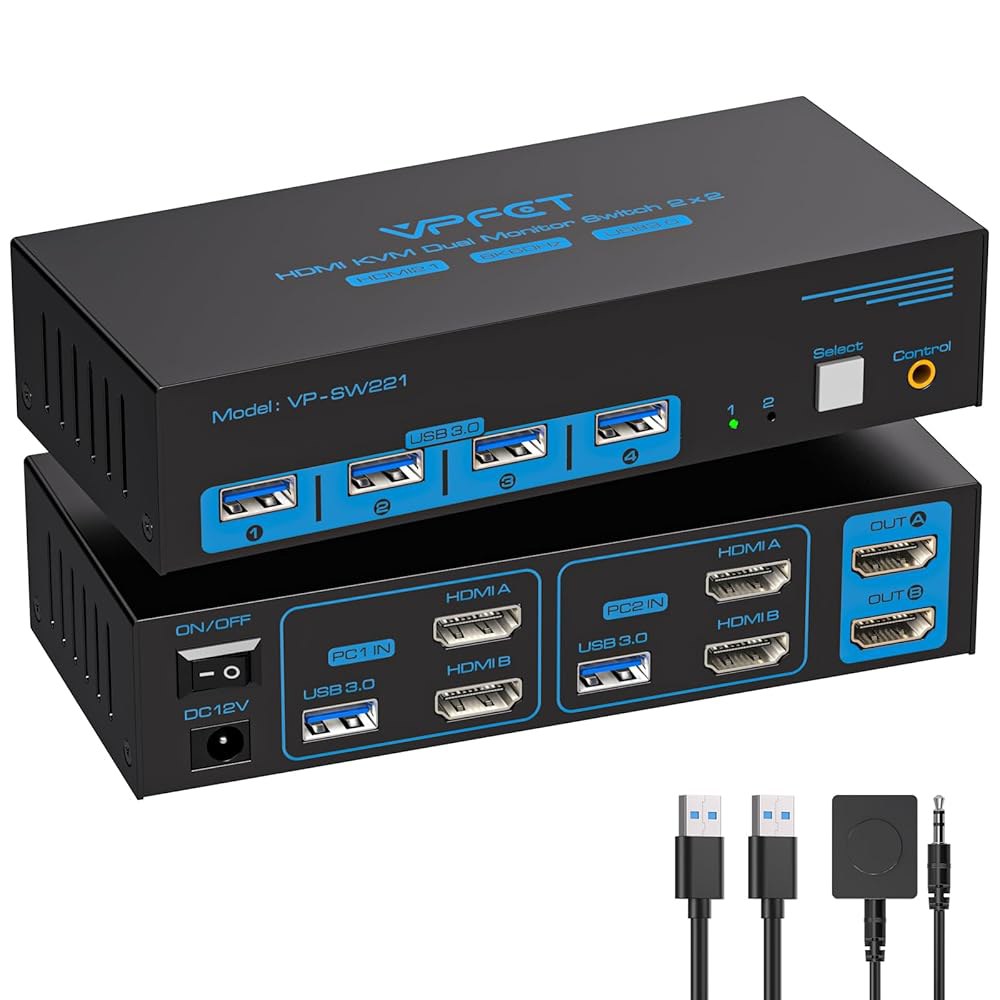 8K HDMI KVM 스위치 2 모니터 컴퓨터 듀얼 지원 4K@120Hz 스위처 PC 확장 디스플레이 포트 공유 USB 3.0 허브 데스크탑 컨트롤러 4개와 케이블 2개 포함 - 상품 이미지