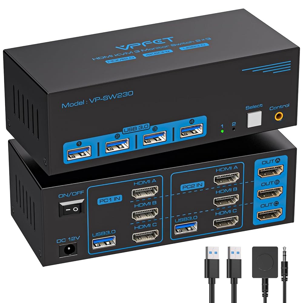 KVM 스위치 3 모니터 컴퓨터 HDMI 4K@60Hz USB 3.0 2대, PC 공유 트리플 포트 4개로 확장 및 복사 모드 지원.유선 컨트롤러 DC 12V / 1A 어댑터 포함 - 상품 이미지