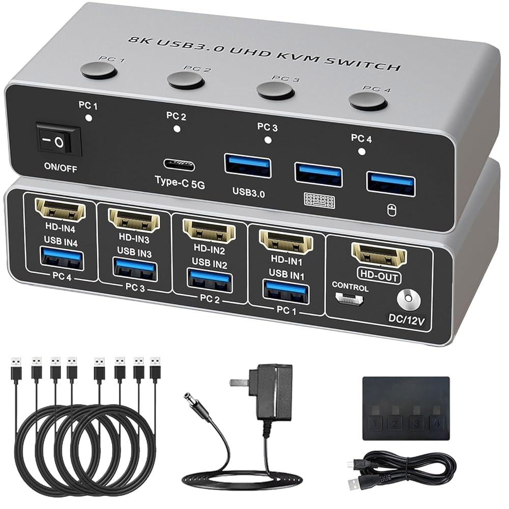 HDMI2.1 KVM 스위치 컴퓨터 4대 모니터 1대, 8K@60Hz HD 4대, USB3.0 3대, 타입 C 출력 공유 PC 키보드 마우스 프린터 gray - 상품 이미지