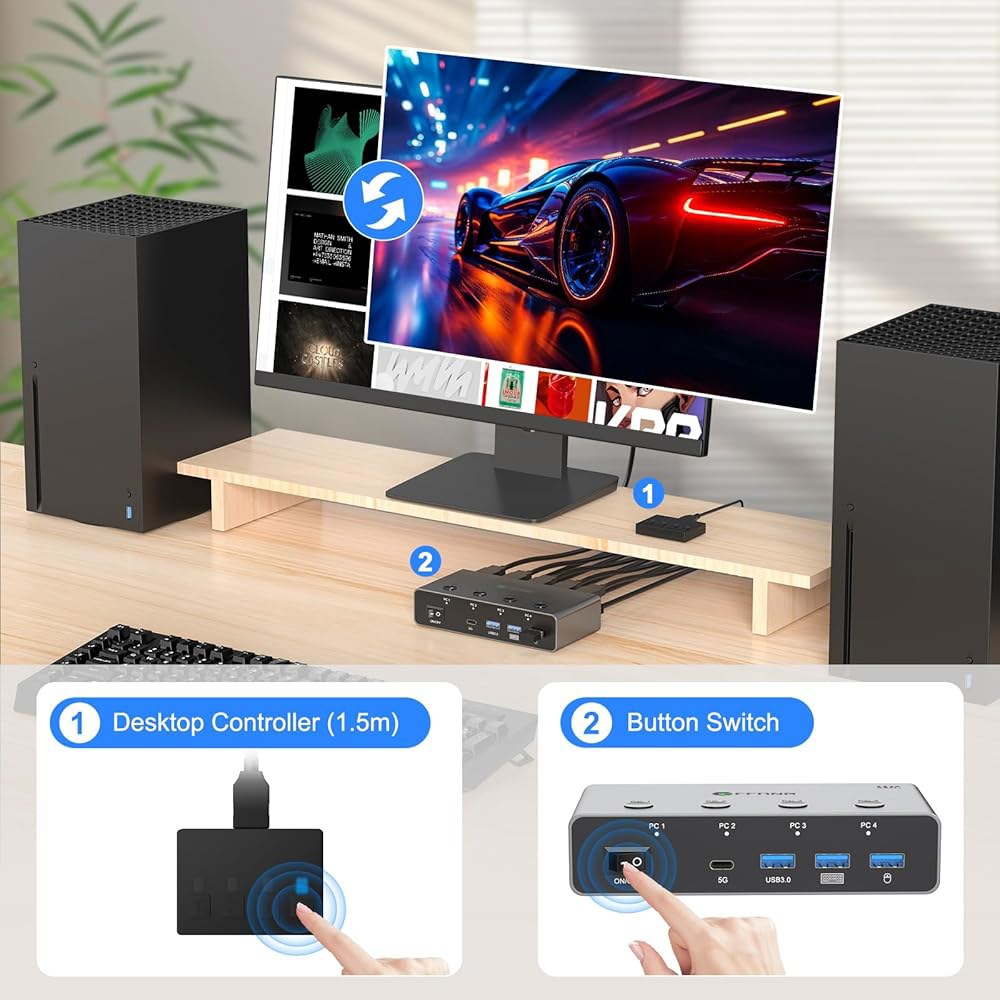 4대의 컴퓨터를 위한 5G USB3.0 KVM 스위치 HDMI 8K@60Hz 모니터 공유, 3개의 USB 3.0 + 1개의 USB-C 포트 공유 키보드 마우스, 지원 버튼 스위치, - 상세 이미지 3