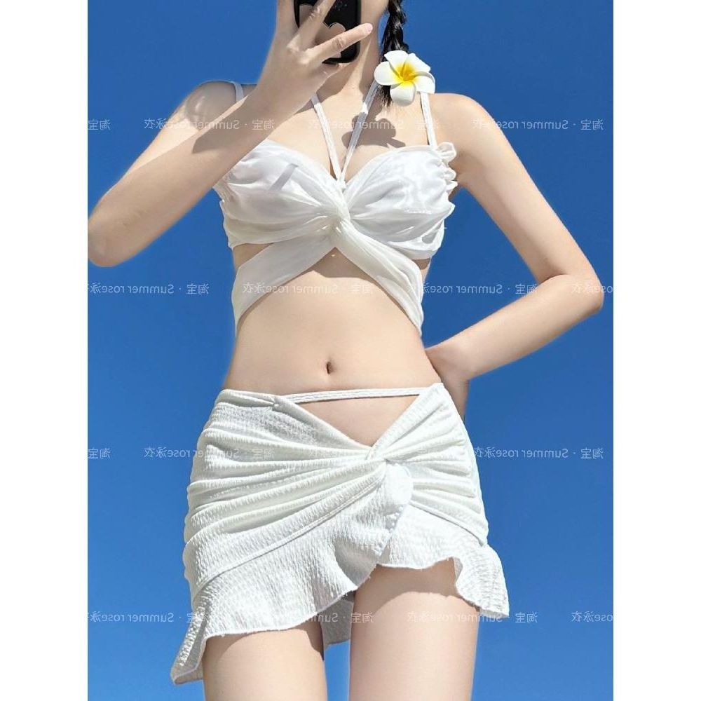 워터파크 스플릿 가늘게 여자 모여 달콤한 끈 휴가 체형커버 욕망 수영복 원피스 원피스수영복 흰 나비 M - 상품 이미지