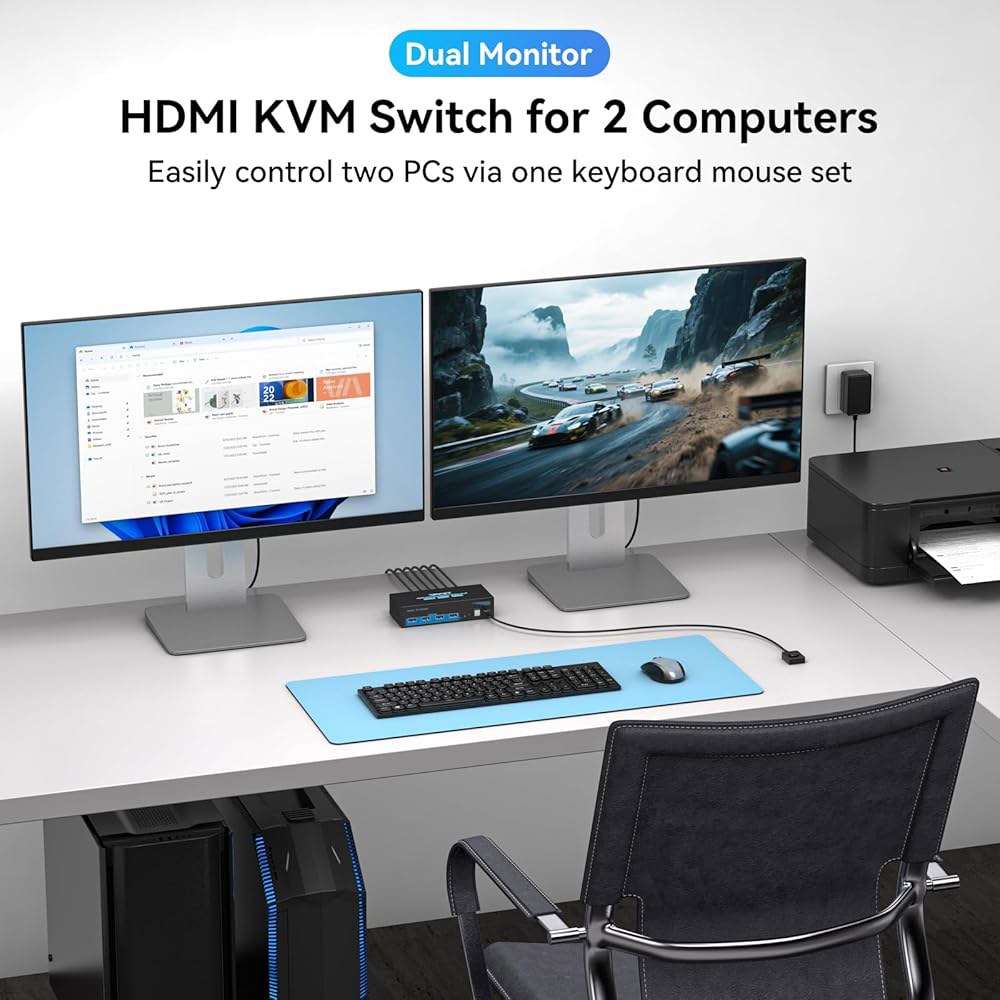 8K HDMI KVM 스위치 2 모니터 컴퓨터 듀얼 지원 4K@120Hz 스위처 PC 확장 디스플레이 포트 공유 USB 3.0 허브 데스크탑 컨트롤러 4개와 케이블 2개 포함 - 상세 이미지 2