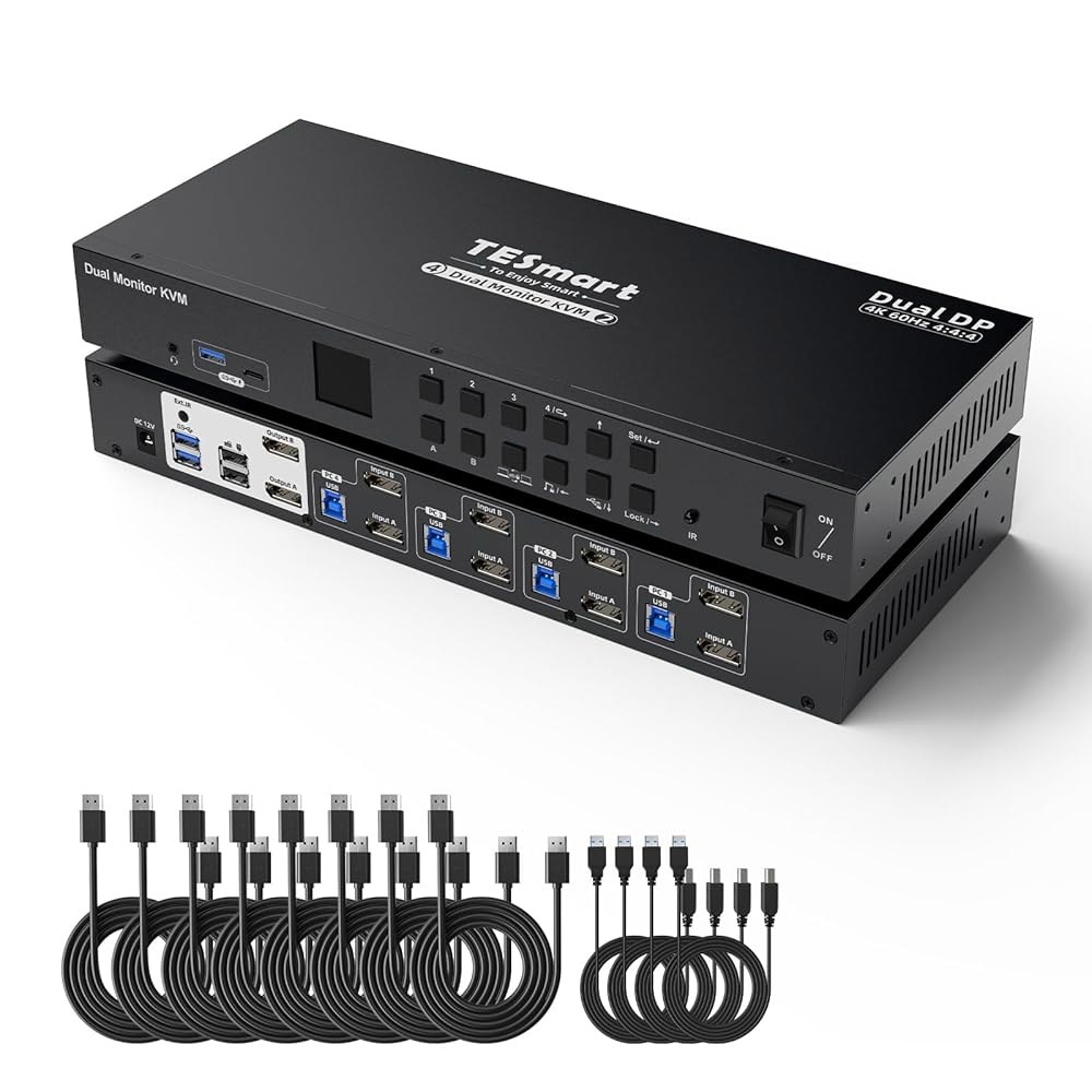 TESmart 4 포트 KVM 스위치 듀얼 모니터 디스플레이포트, 4K@60Hz USB 3.0 컴퓨터 2 모니터, EDID 에뮬레이터, 오디오 출력, 핫키 스위치, 모든 입력 케이 - 상품 이미지