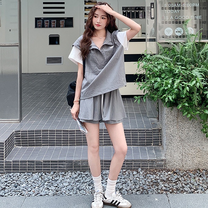 여름 루즈핏 카라 반팔 반바지 트레이닝 투피스 세트 - 상세 이미지 3