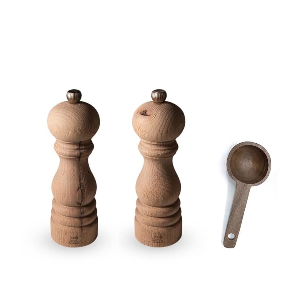 푸조 파리 네이처 7인치 소금 & 후추 밀 선물 세트 - 나무 향신료 스쿱 포함 - 상품 이미지