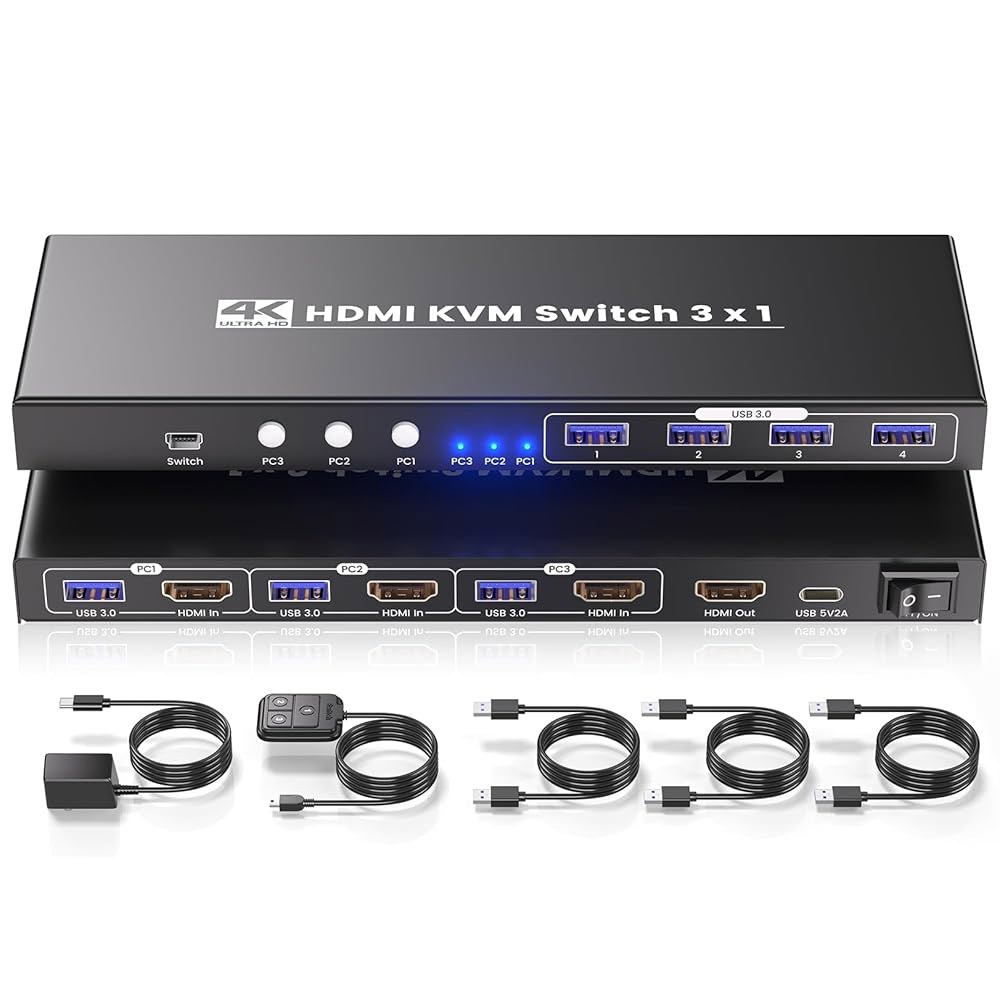 4K60Hz HDMI KVM 스위치 1 모니터 3 컴퓨터, USB 3.0 포트 - 1대, 키보드 및 마우스 4포트 허브로 컴퓨터 3대 제어 - 상품 이미지