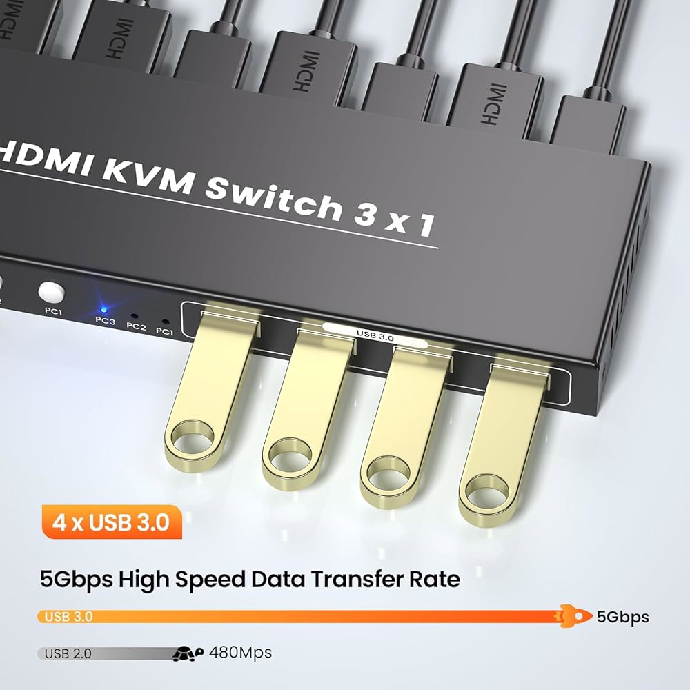 4K60Hz HDMI KVM 스위치 1 모니터 3 컴퓨터, USB 3.0 포트 - 1대, 키보드 및 마우스 4포트 허브로 컴퓨터 3대 제어 - 상세 이미지 3