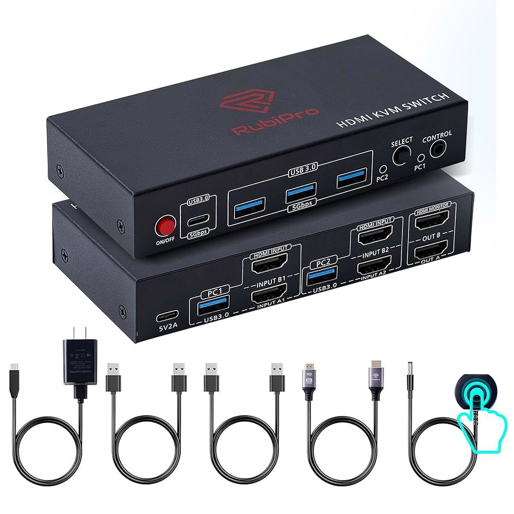 루비프로 HDMI KVM 스위치 2 모니터 컴퓨터 u2013 8K@60Hz, 4K@120Hz, 4포트 USB 3.0 허브(5Gbps), 유선 리모컨, 플러그 앤 플레이(Window - 상품 이미지