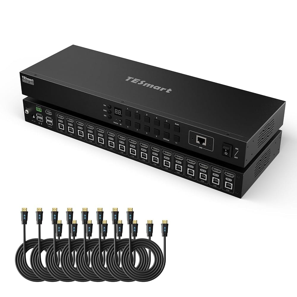 TESmart 16포트 HDMI KVM 스위치 4K@30Hz, 16X1 1U 랙 마운트 USB2.0 EDID 에뮬레이터, 8개의 5피트 케이블, 최대 16대의 컴퓨터/서버 제어, - 상품 이미지