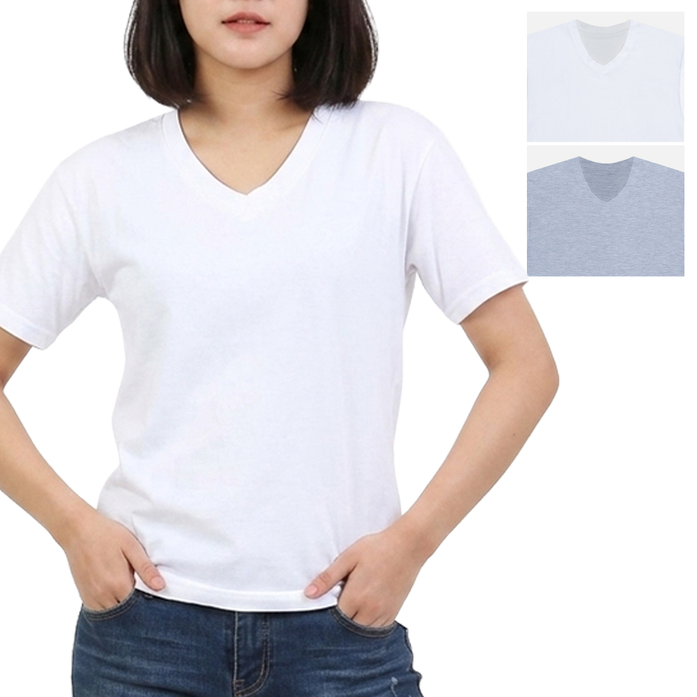 국내산 여성 브이넥 반팔 티셔츠 얇은 30수 무지 면티 기본 이너티 레이어드룩 2XL까지 - 상품 이미지