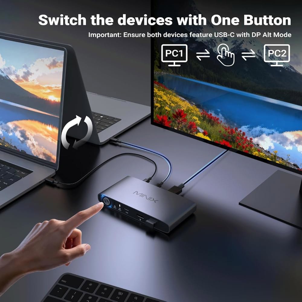 MINIX K1 USB C KVM 스위치 1 모니터 2대, 4K@120Hz HDR, 100W PD 3.0, 듀얼 USB-C 입력 스위치, 키보드 및 마우스 공유, 알루미늄 디자인, - 상세 이미지 3