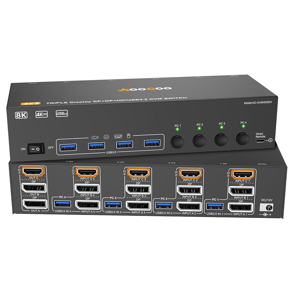 HDMI 디스플레이포트 KVM 스위치 3 모니터 4 컴퓨터 8K@60Hz / 4K@144Hz 스위치, USB 3.0 포트 4개, 유선 리모컨, 전원 어댑터 및 케이블 4개 포함 - 상품 이미지