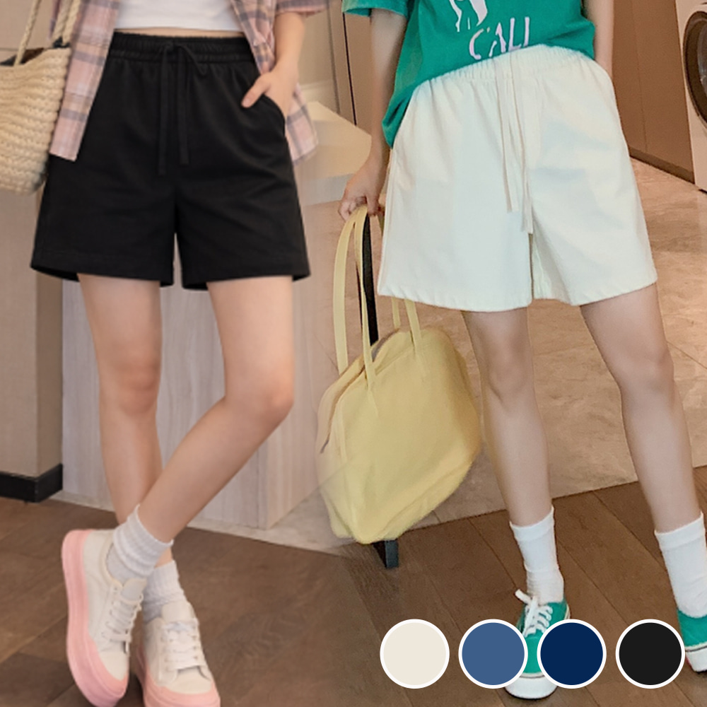 여름 데일리 와이드 편한 데님 면 캐주얼 밴딩 반바지 - 상품 이미지