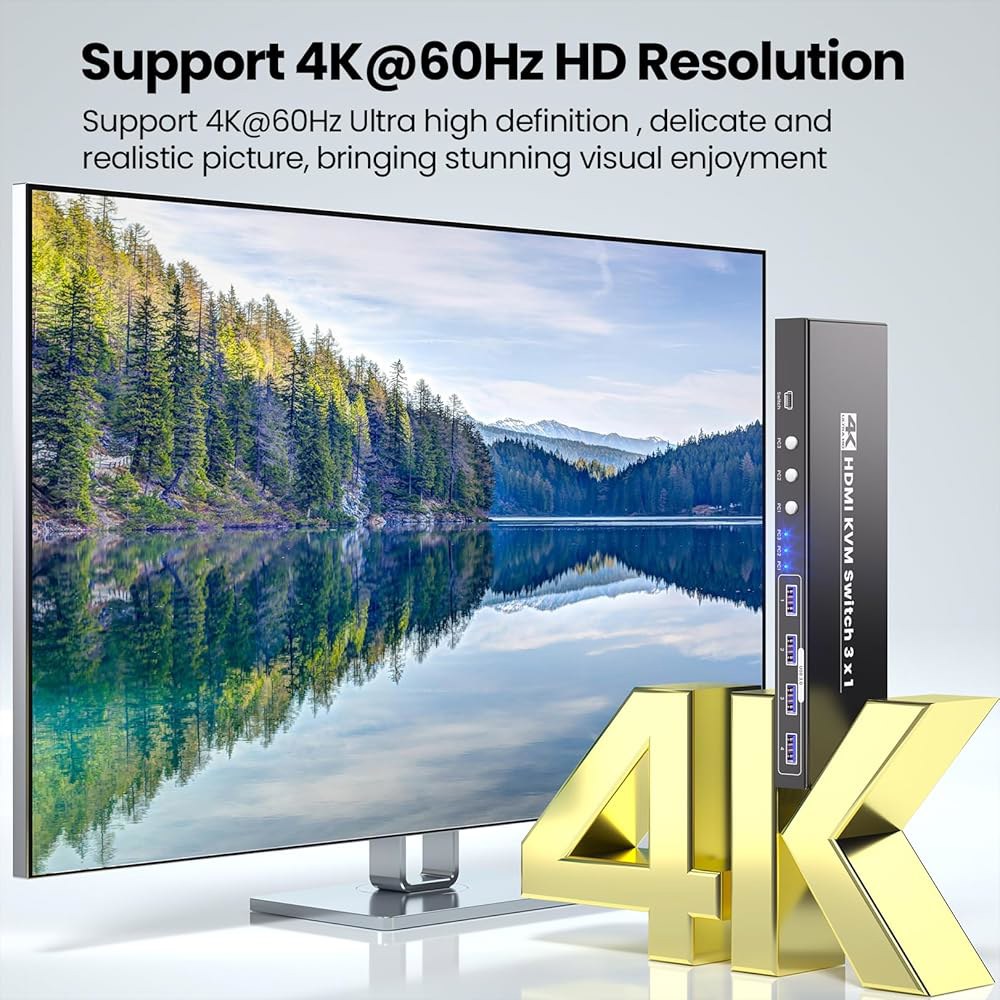 4K60Hz HDMI KVM 스위치 1 모니터 3 컴퓨터, USB 3.0 포트 - 1대, 키보드 및 마우스 4포트 허브로 컴퓨터 3대 제어 - 상세 이미지 2