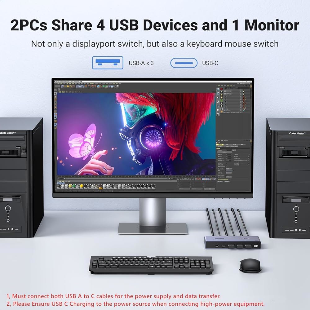 UGREEN 8K 디스플레이포트 KVM 스위치 2 in 1 출력 DP1.4, USB 3.0 포트 4개(USB-A 3개 + USB-C 1개) 지원 8K@60Hz 4K@240Hz 공유 - 상세 이미지 3