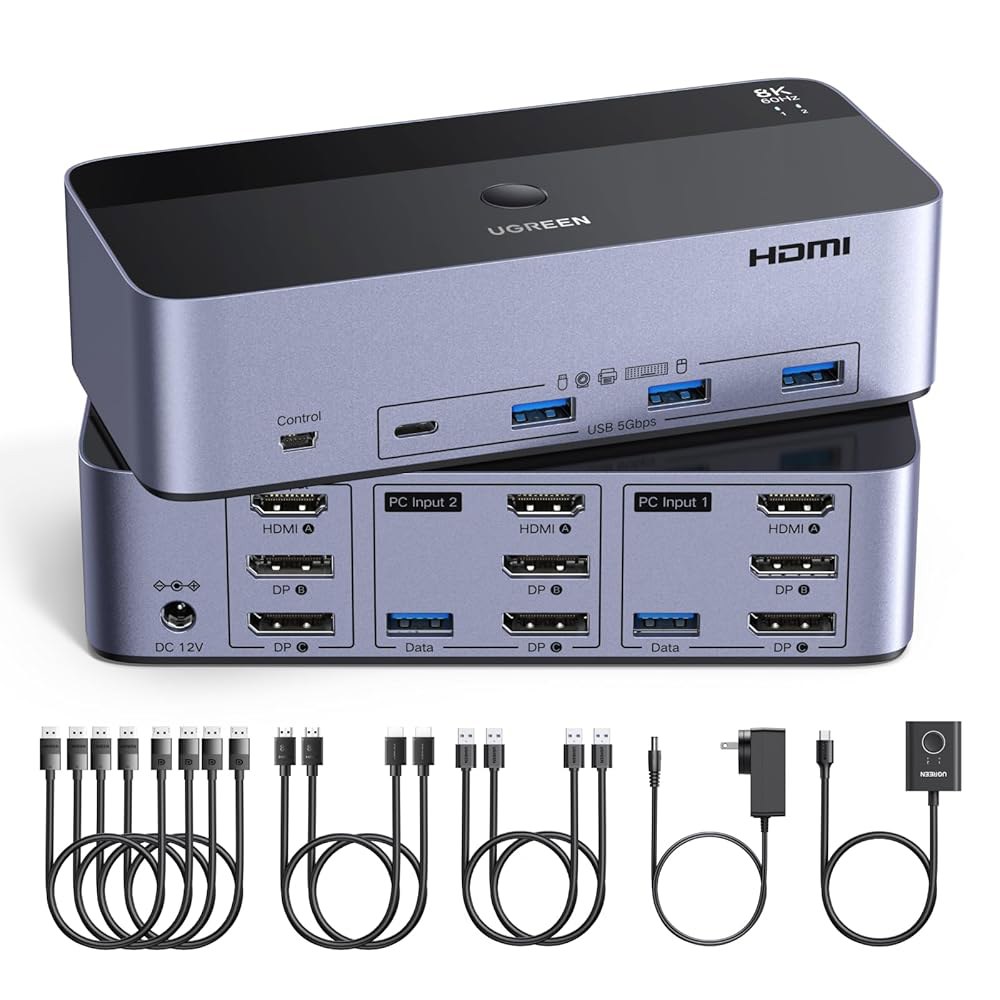 UGREEN 8K@60Hz HDMI 디스플레이포트 KVM 스위치 3 모니터 2대, 알루미늄 4K@240Hz, USB 3.0 포트 4대, 2대 컴퓨터용 트리플 DP+2 HDMI+2 - 상품 이미지