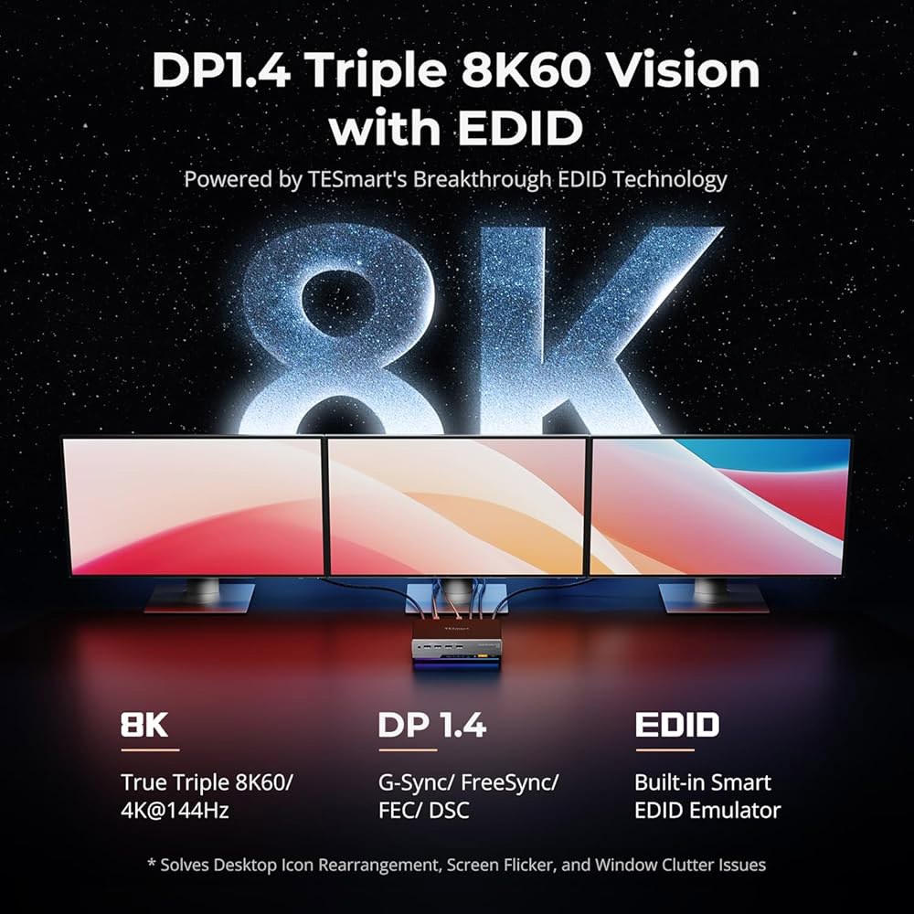 TESmart 8K@60Hz DP KVM 스위치 3 모니터 2 컴퓨터 USB 3.0, 트리플 디스플레이포트 1.4, 지원 EDID, 1G 이더넷, 핫키 스위치, 게임 및 홈 오피스 - 상세 이미지 3